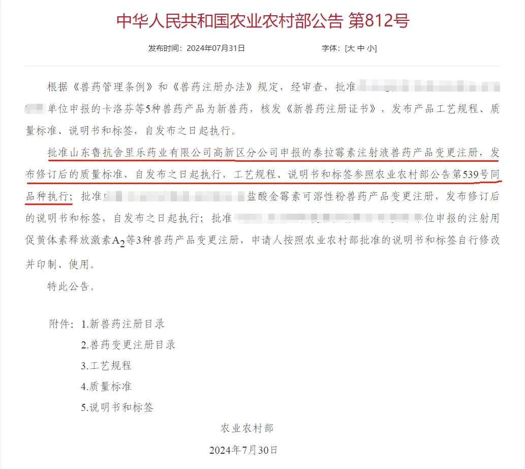 喜报：鲁抗泰拉霉素注射液（新增2.5%含量规格）获农业农村部批准注册